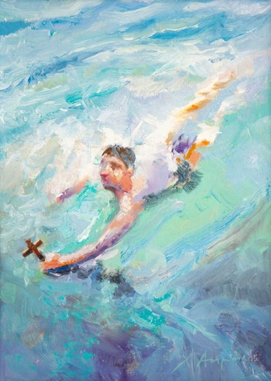 Painting of swimmer holding a cross